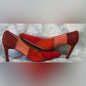 VTG*Salvatore Ferragamo Suede Pumps High Heels~7.5~Red Rust Patchwork Pattern